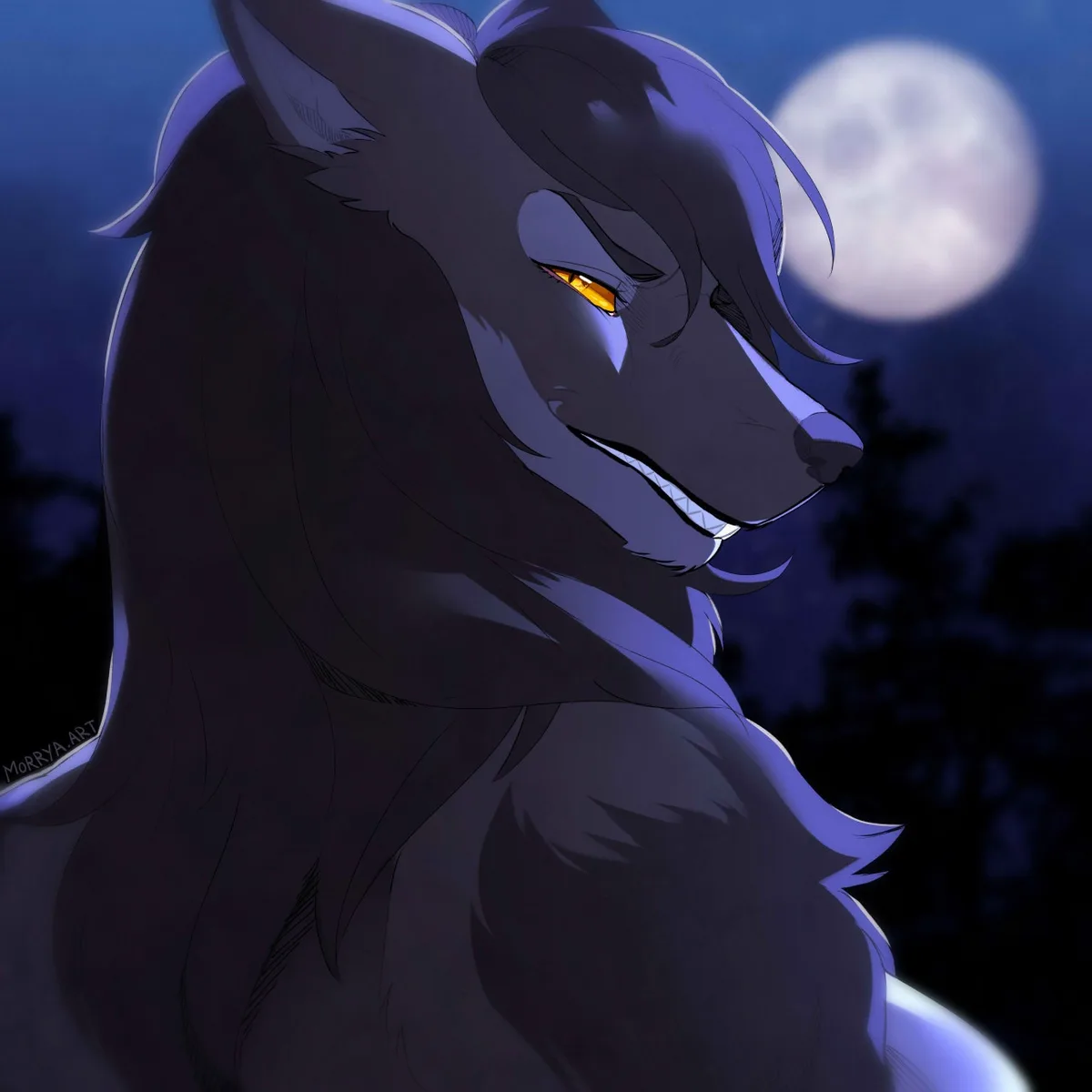 A dark-furred anthropomorphic wolf with glowing orange eyes and a sinister grin stands in profile against a night sky with a…