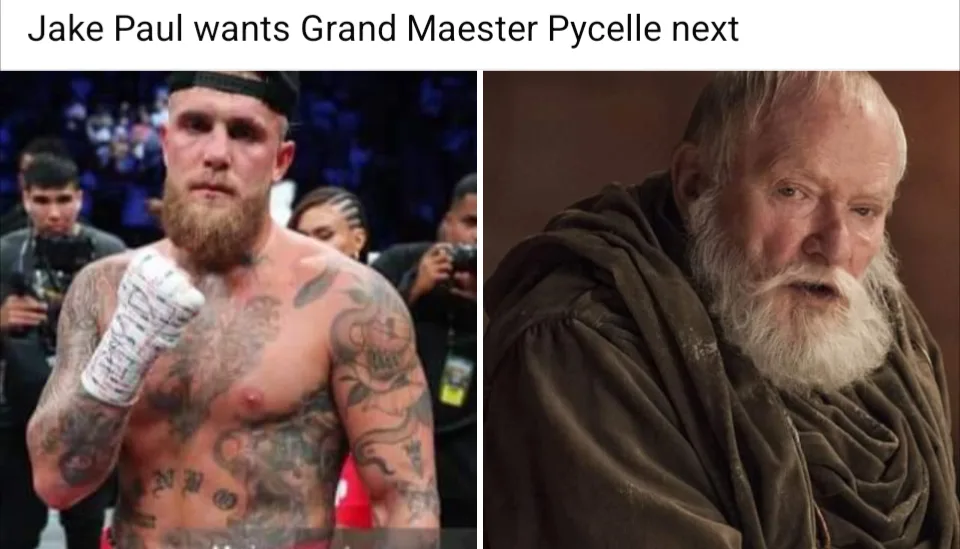 The image is a split-screen meme. On the left, Jake Paul, a muscular man with a beard and tattoos, stands in a fighting…