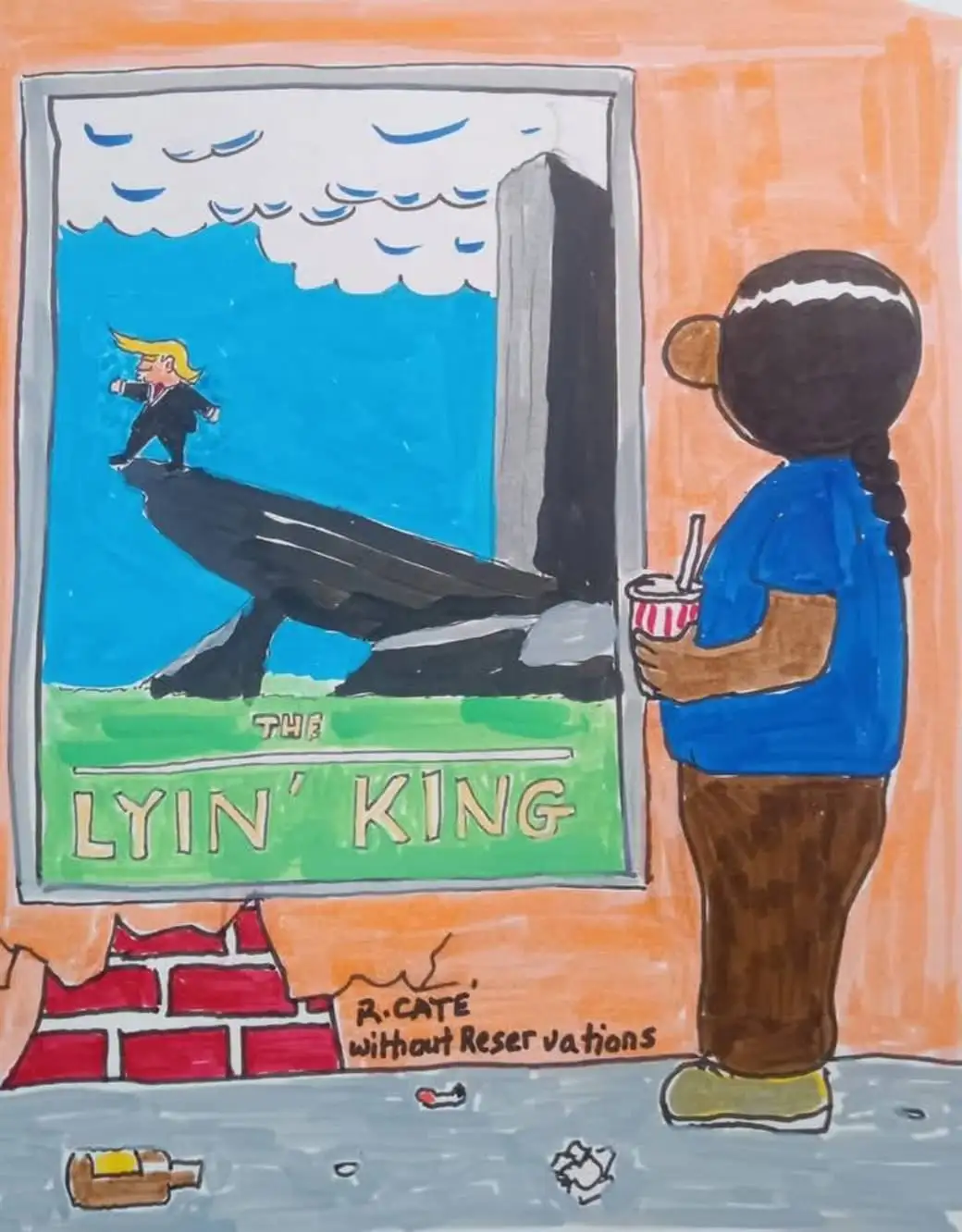 A cartoon depicts a person in a blue shirt holding a drink and looking at a movie poster. The poster shows a caricature of…