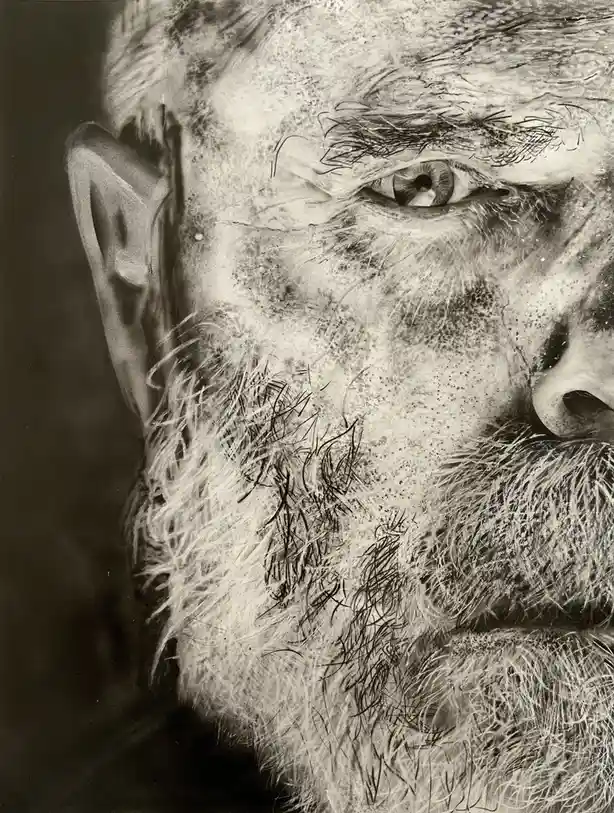 A highly detailed black-and-white portrait of an elderly man with a weathered face, deep wrinkles, and a thick, graying…
