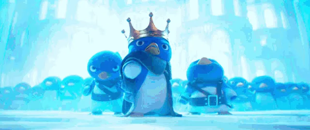 A sequence of frames from the animated movie 'Penguins of Madagascar' shows a penguin wearing a crown, initially looking…