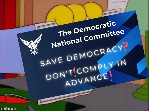 A dark blue graphic resembling a political campaign sign with a white dove logo and text reading 'The Democratic National…