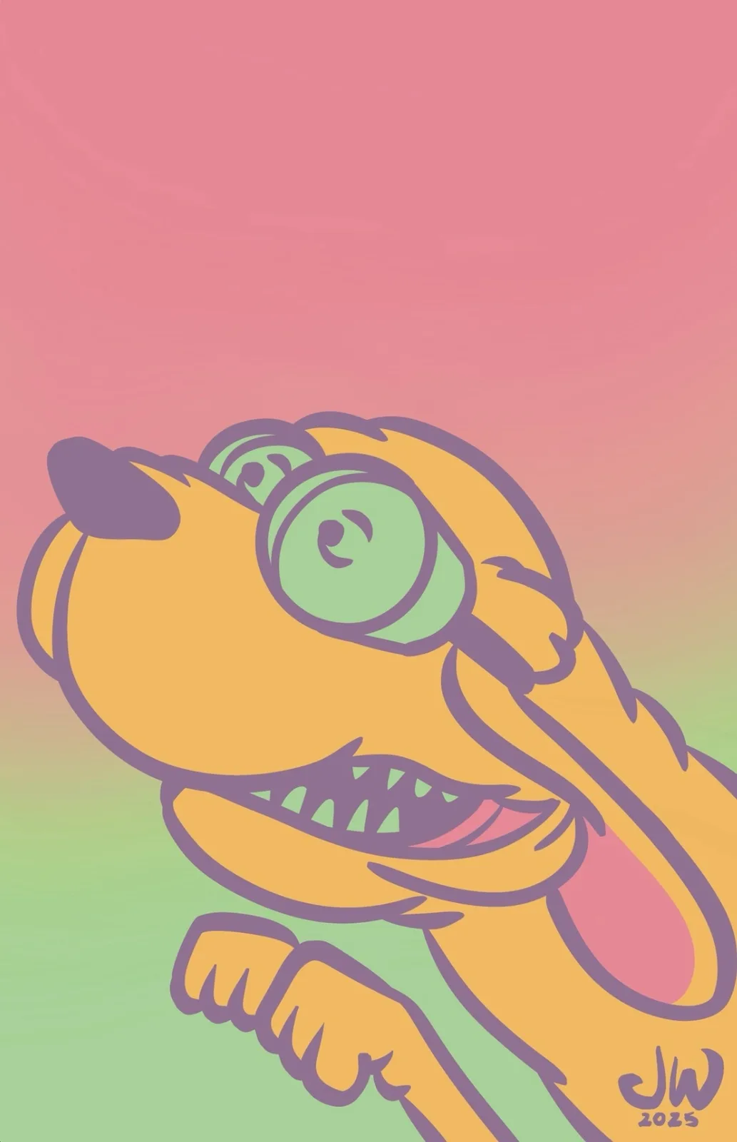 A cartoon illustration of a yellow dog with green eyes and a purple outline, looking upward with its mouth open and tongue…