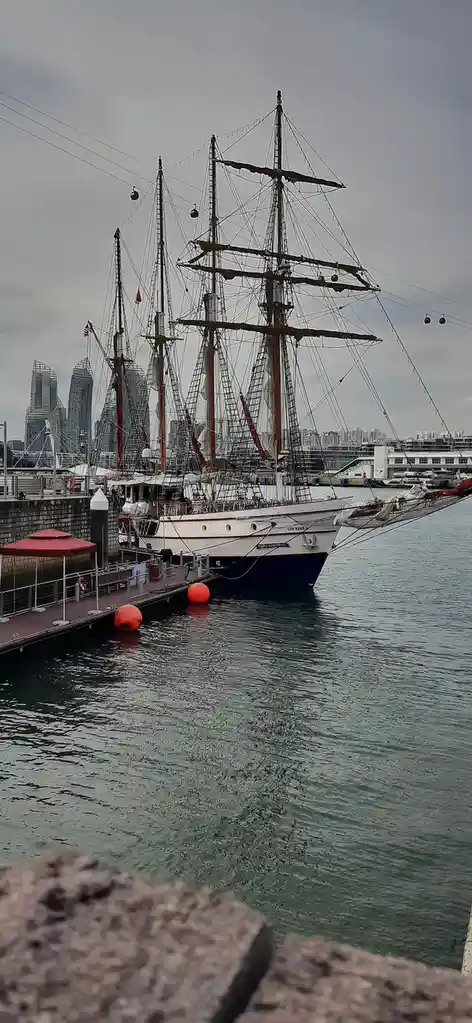 A large, white-hulled tall ship with multiple masts and rigging is docked at a modern harbor, with a city skyline featuring…