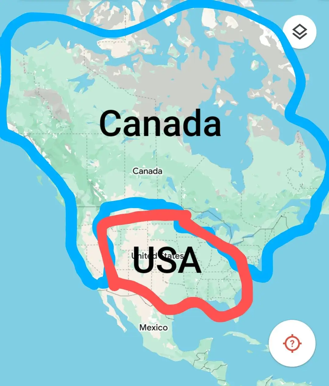 A map of North America shows Canada outlined in blue and the United States outlined in red, with 'USA' written in large…