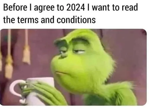 The image shows the green, furry Grinch holding a white teacup with a skeptical, unimpressed expression. The overlaid text…