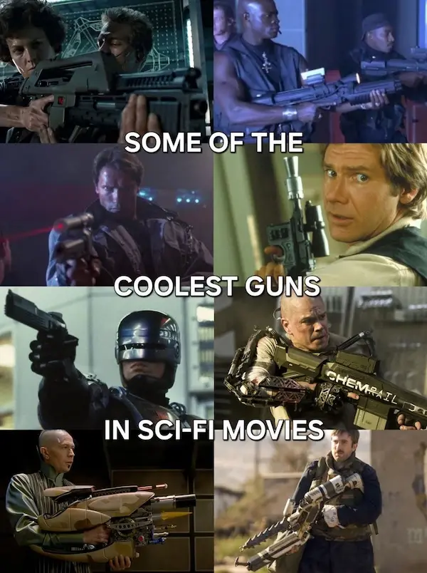 A collage of six sci-fi movie stills, each featuring a character holding an elaborate, futuristic weapon. The top row shows…