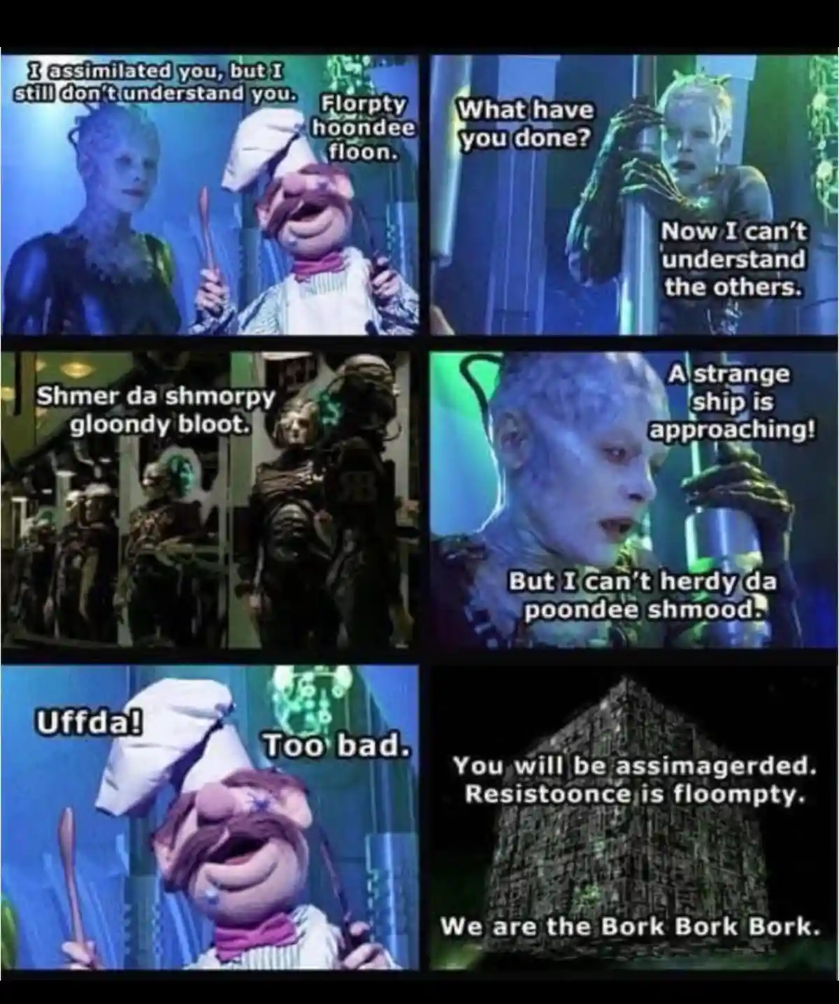 A six-panel meme using scenes from 'The Fifth Element' and 'The Muppet Show' to depict a chaotic alien assimilation gone…