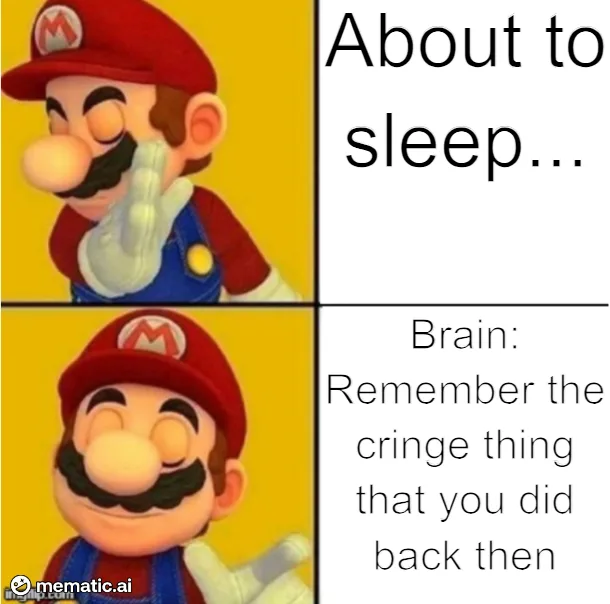 The image shows two panels of Mario from Super Mario Odyssey. In the top panel, Mario is closing his eyes and holding his…