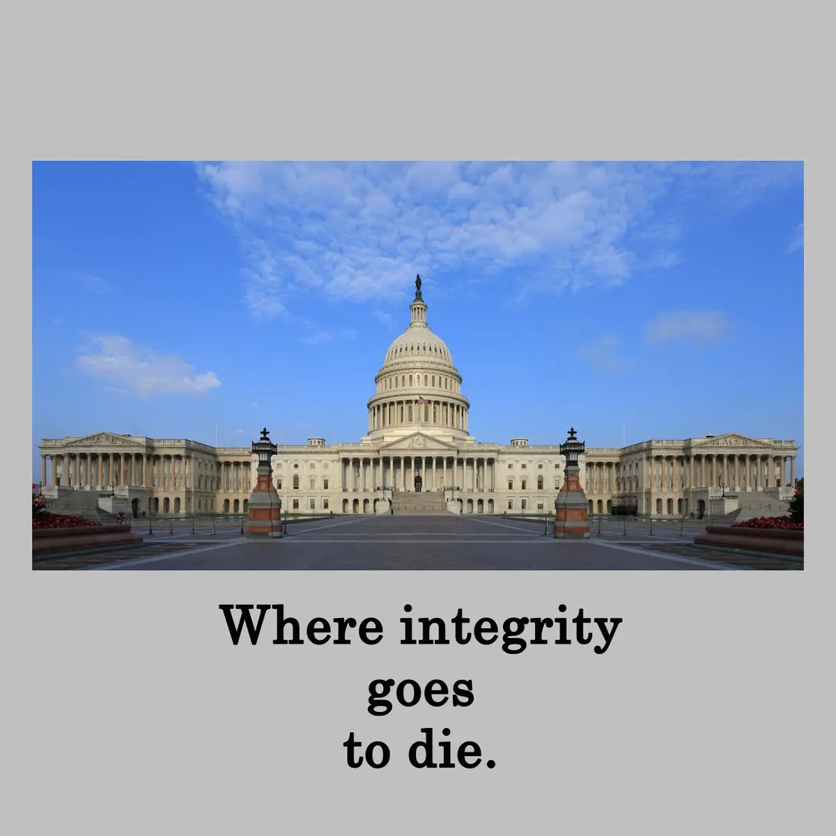The image shows the United States Capitol building under a blue sky with scattered clouds. The text overlaid at the bottom…
