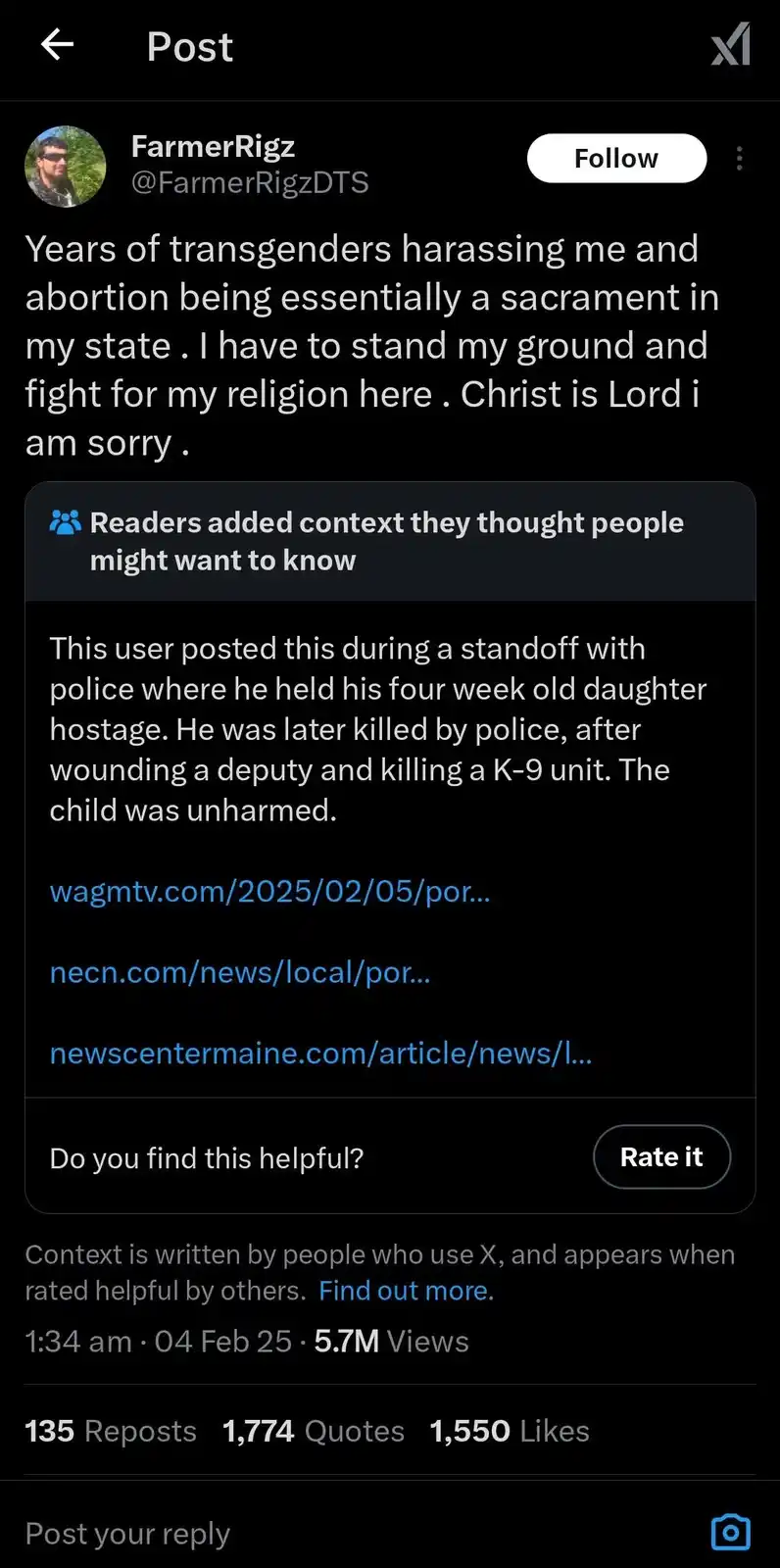 A screenshot of an X (Twitter) post by user FarmerRigz, who claims years of harassment and a religious stance on abortion…