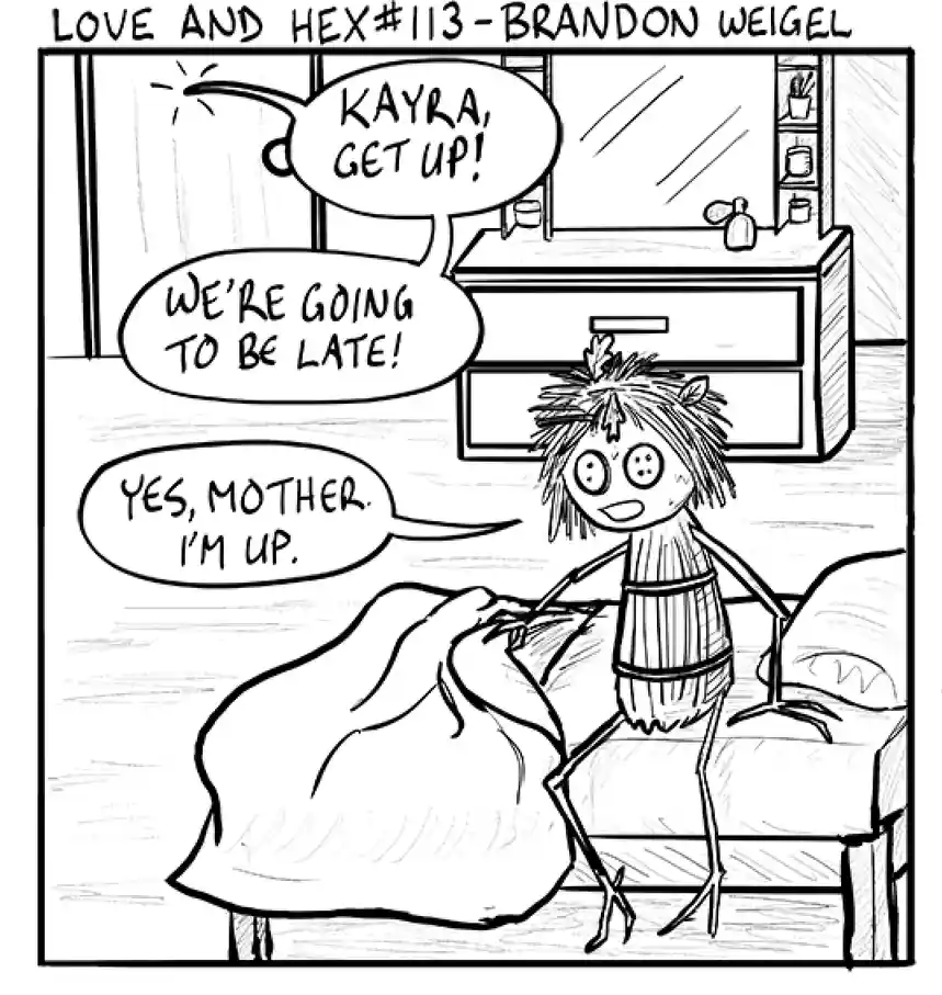 A black-and-white comic panel shows a cartoon child with messy hair and a striped shirt standing on a bed, pulling up a…