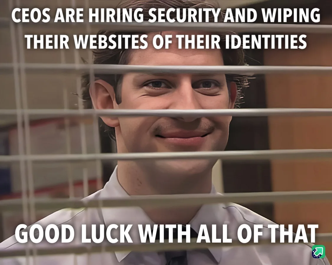 A man in a white collared shirt smiles through office blinds, with overlaid text stating 'CEOS ARE HIRING SECURITY AND…