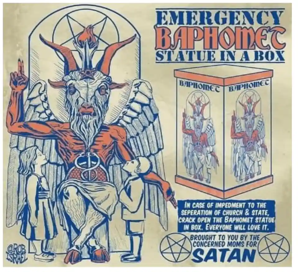 An illustrated poster depicts a large, horned, winged goat-headed figure (Baphomet) seated with two children looking up at…