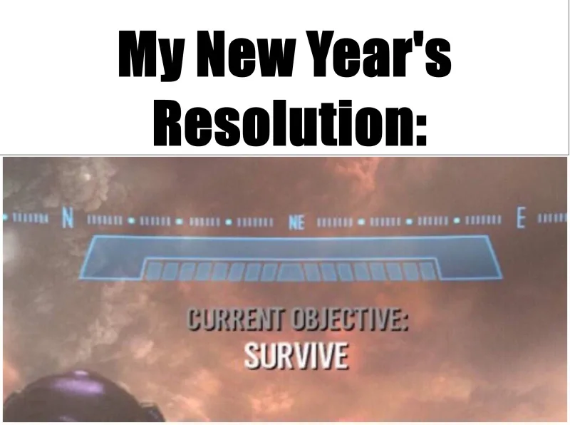 The image shows a screenshot from a video game with a compass and a progress bar, overlaid with bold text reading 'My New…