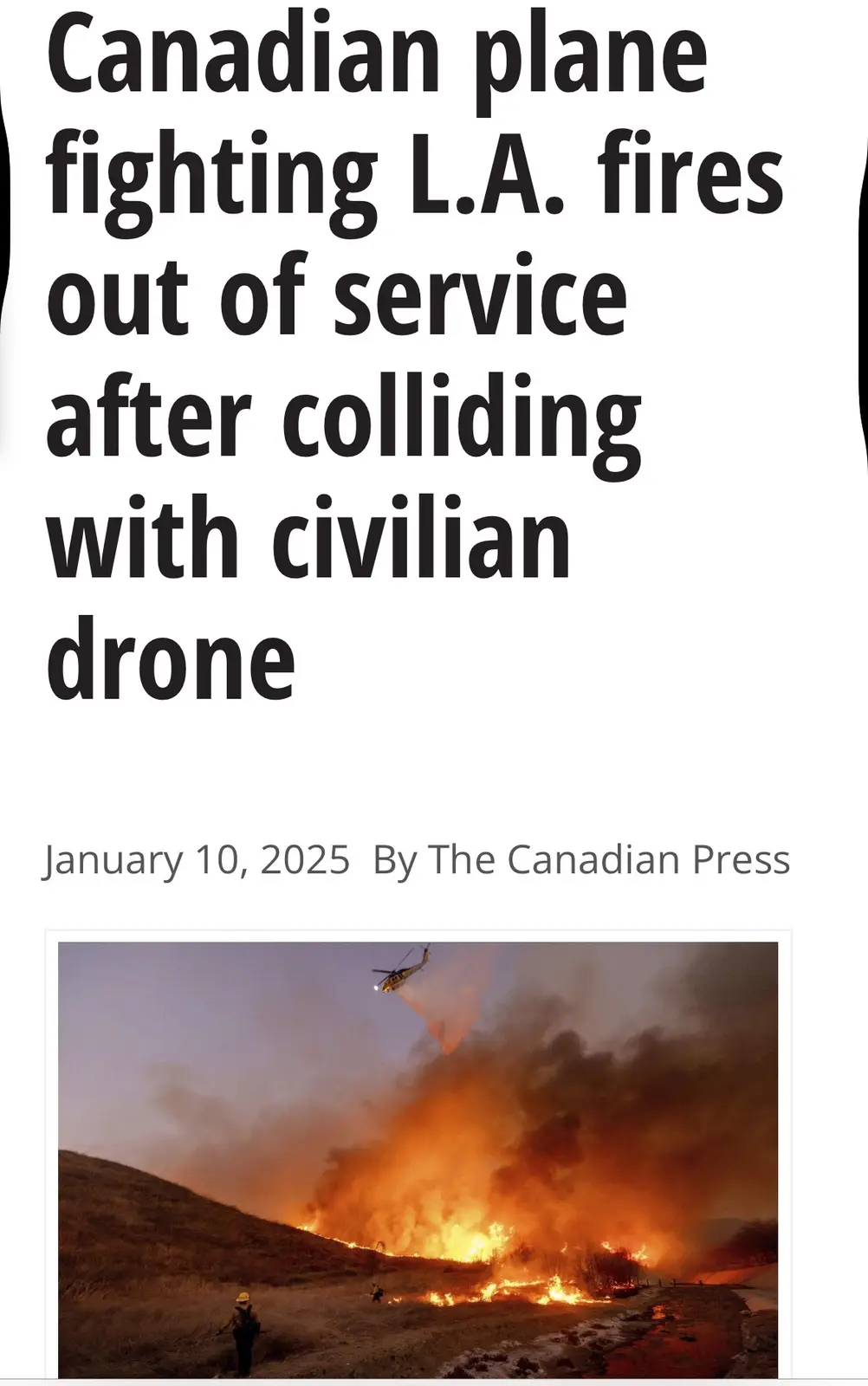 The image displays a news article headline about a Canadian firefighting plane being taken out of service after colliding…