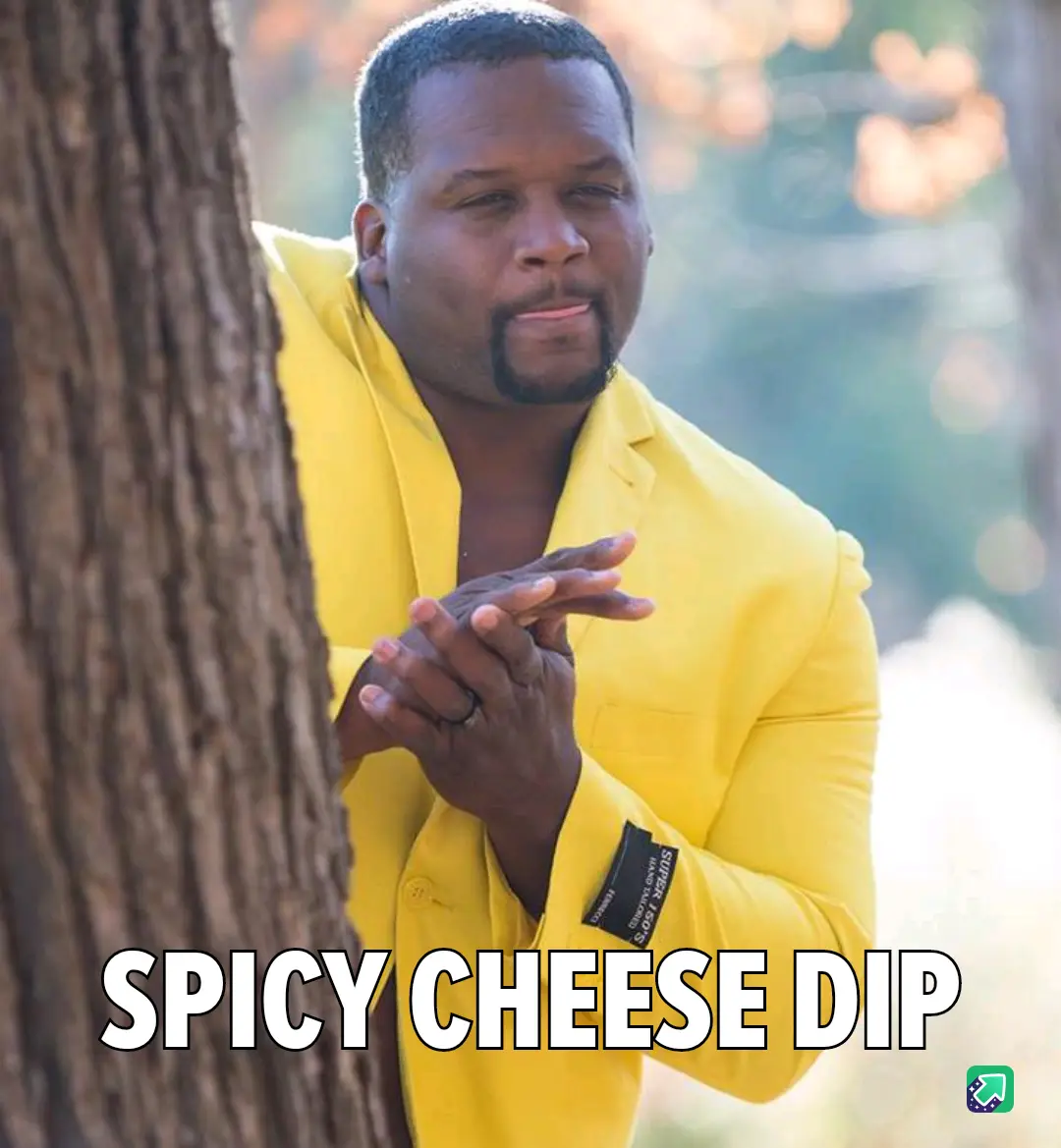 A man in a bright yellow blazer peeks from behind a tree trunk with a smug, self-satisfied expression, hands clasped…