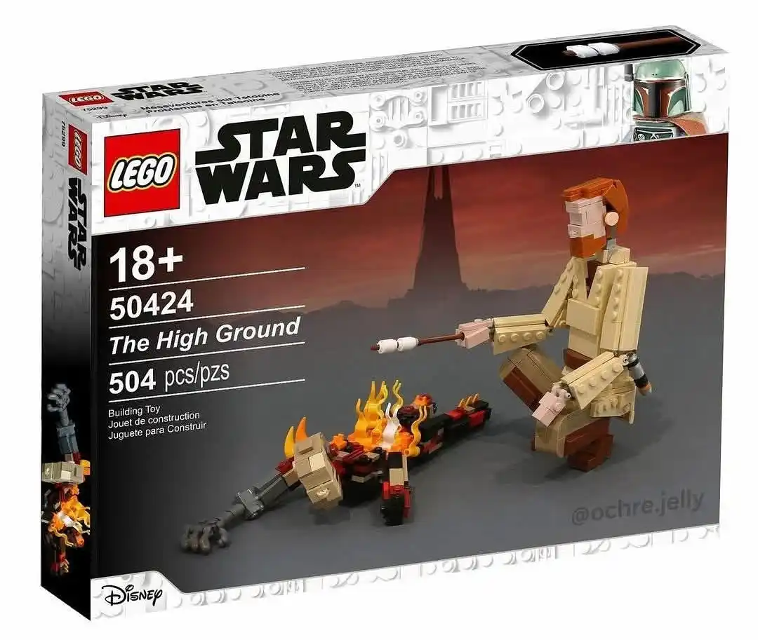 A LEGO Star Wars set box for 'The High Ground' (set 50424) shows a LEGO Boba Fett figure roasting marshmallows over a LEGO…