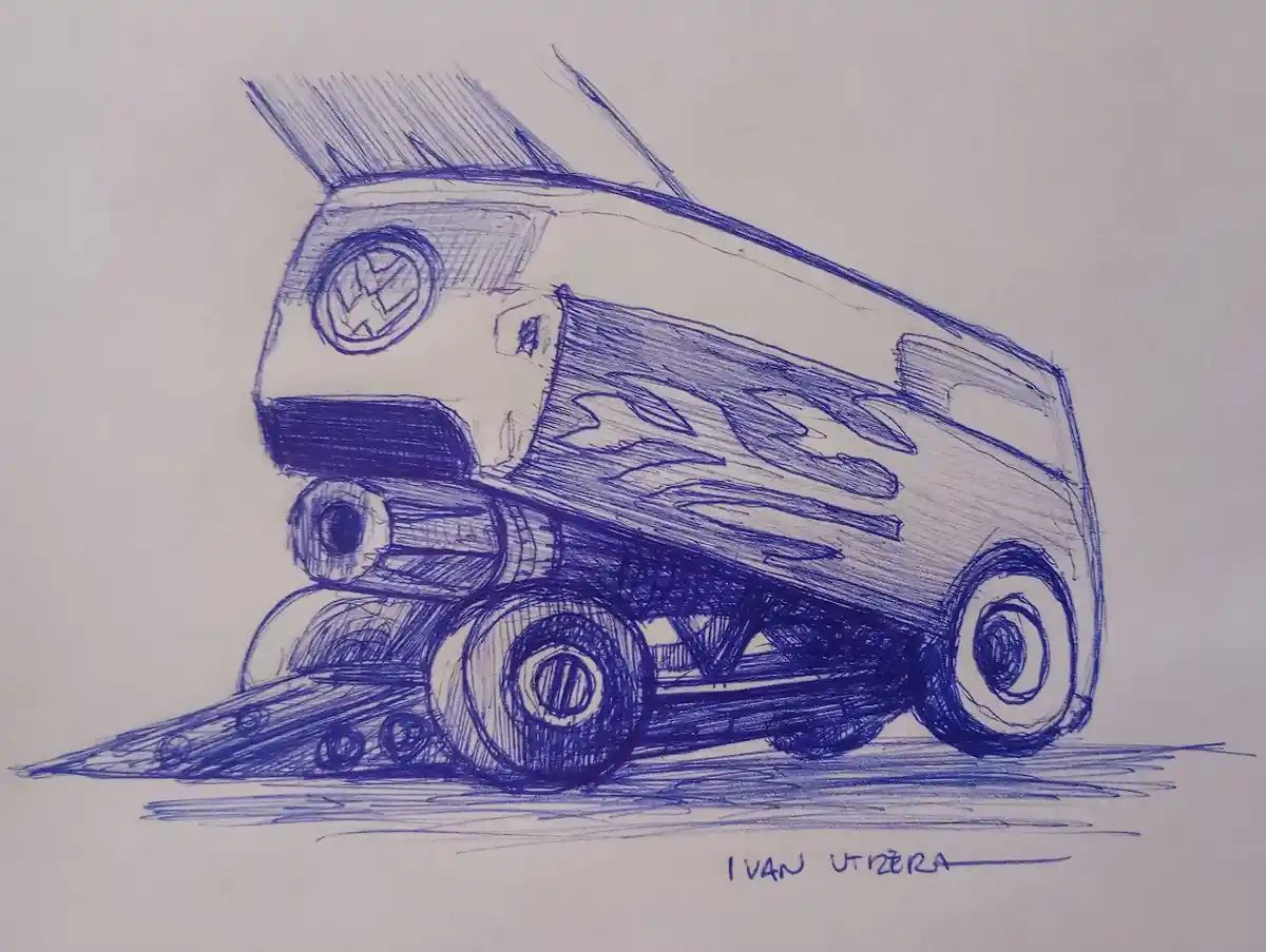 A blue ink sketch of a Volkswagen van that has been humorously modified to look like a tank, with treads replacing wheels…