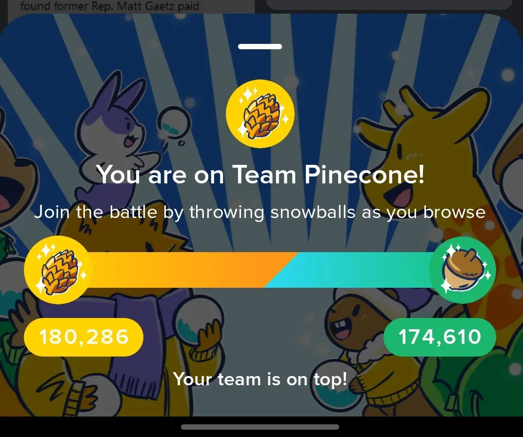 A screenshot of a mobile game interface showing a team battle between 'Team Pinecone' and 'Team Acorn'. The pinecone team…