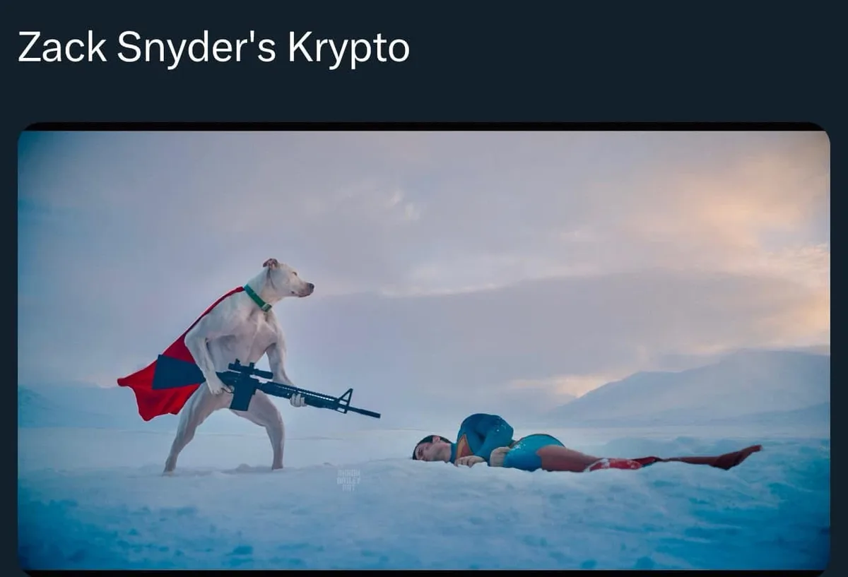 A white dog wearing a red cape and holding an assault rifle stands over a prone woman in a blue and red superhero costume…