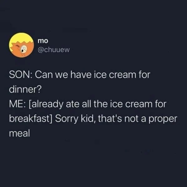 A dark-themed social media post shows a user named 'mo' with a cartoon fox avatar asking if ice cream can be dinner. The…