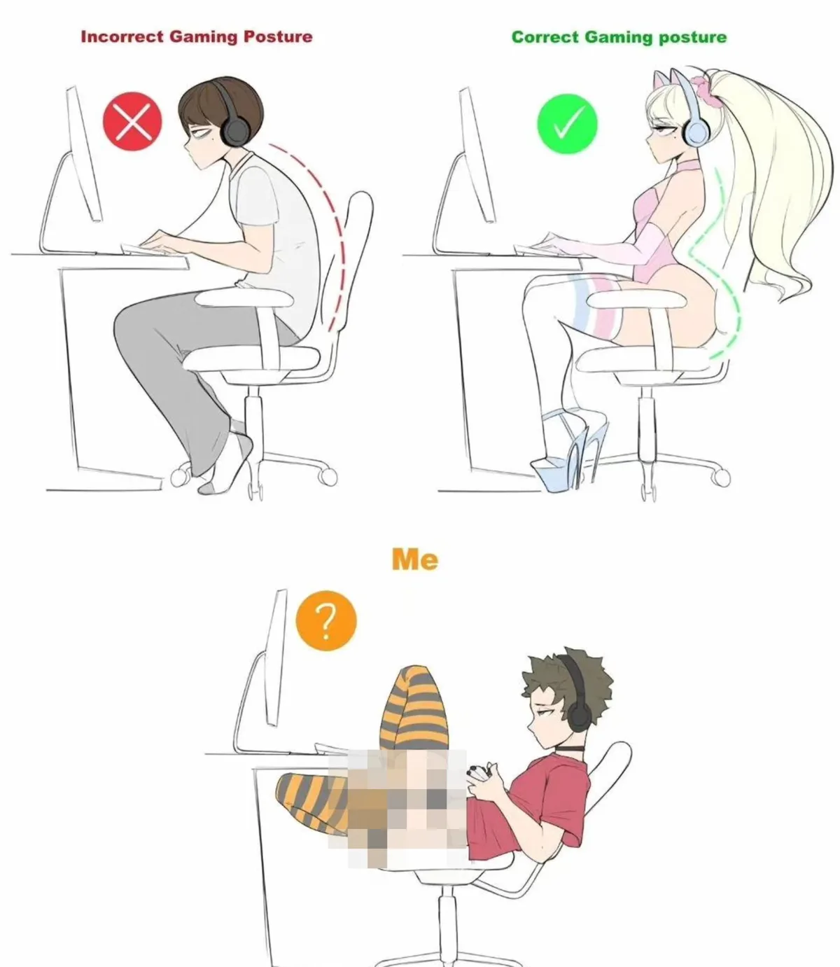The image displays a split-screen comparison: left side shows a person in 'Incorrect Gaming Posture' with a red X, right…