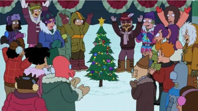 A group of animated characters in winter clothing stand around a decorated Christmas tree in a snowy scene. Many characters…