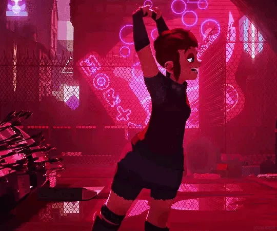 The image shows a split-screen of six frames depicting a female animated character in a futuristic, neon-lit room. In the…