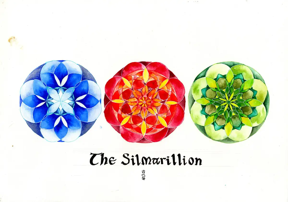 Three watercolor illustrations of intricate, symmetrical, flower-like spheres in blue, red, and green are arranged…
