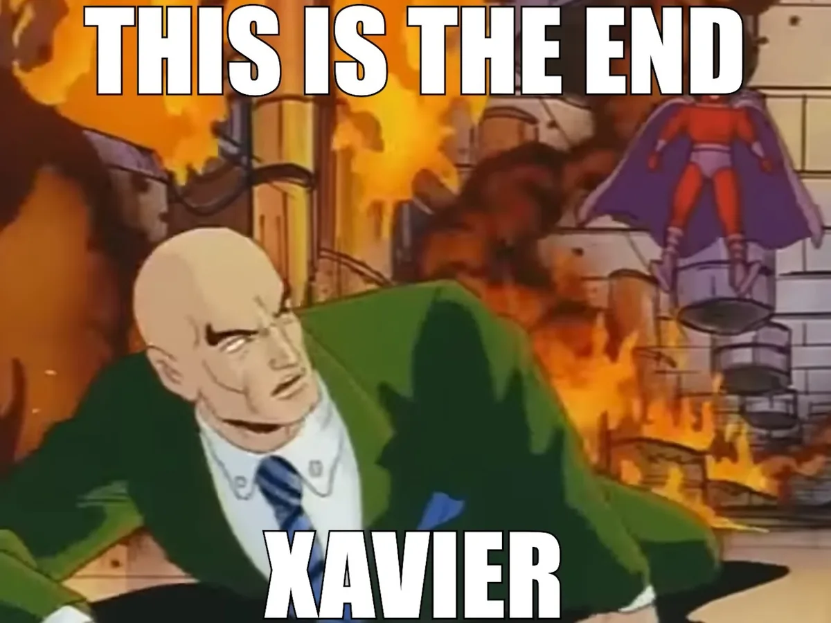 An animated image shows a bald man in a green suit and blue tie with a shocked expression, set against a backdrop of fiery…