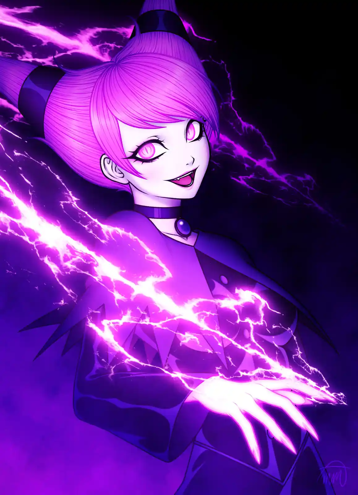 An anime-style illustration of a character with purple hair and eyes, wearing a dark outfit with a choker, smiling while…