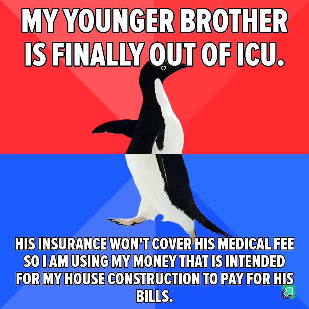 A penguin stands upright against a red and blue background, with bold white text overlaid in two sections. The top text…