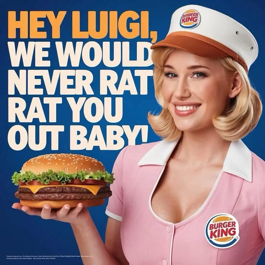 A woman in a pink Burger King uniform and hat holds a large burger against a blue background. Large text overlaid on the…