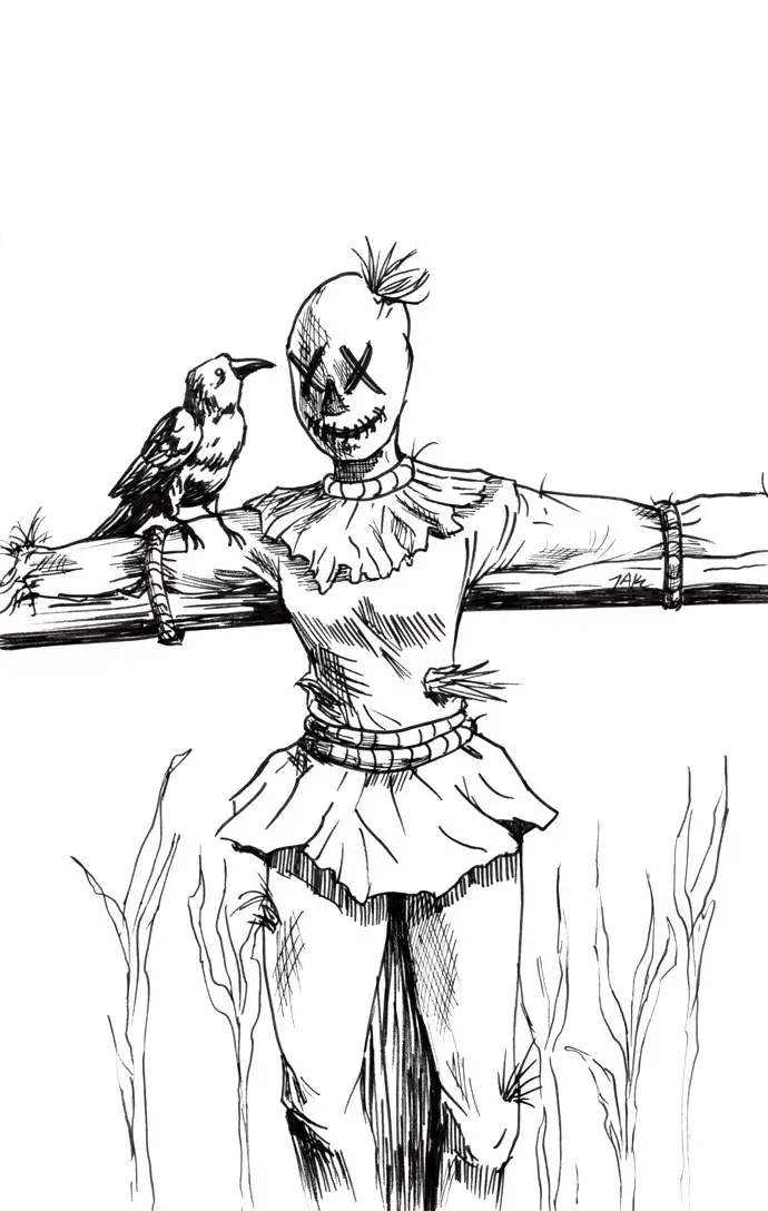 A black-and-white sketch depicts a scarecrow with an X-eyed, stitched mouth face, wearing a frilly collar and skirt, arms…