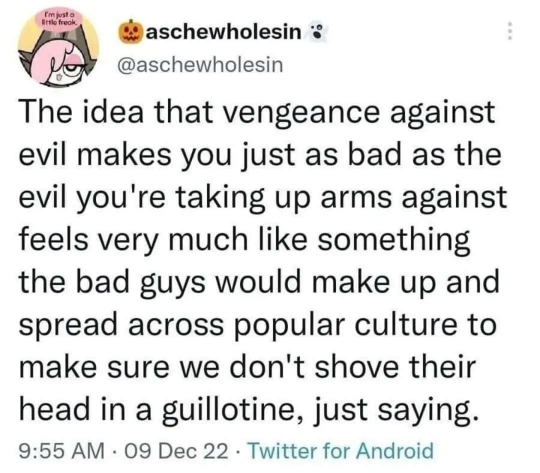 A screenshot of a tweet from user 'aschewholesin' with a cartoon avatar. The tweet text argues that the moral idea that…