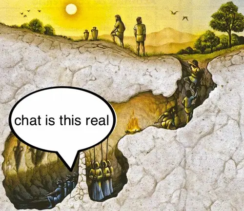 An illustration depicts people on a cliff edge looking down into a deep canyon where others are digging and working. A…