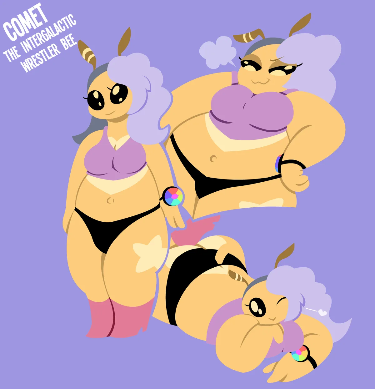 The image shows three cartoon depictions of a yellow, bee-like character with purple hair and antennae, all wearing bikinis…