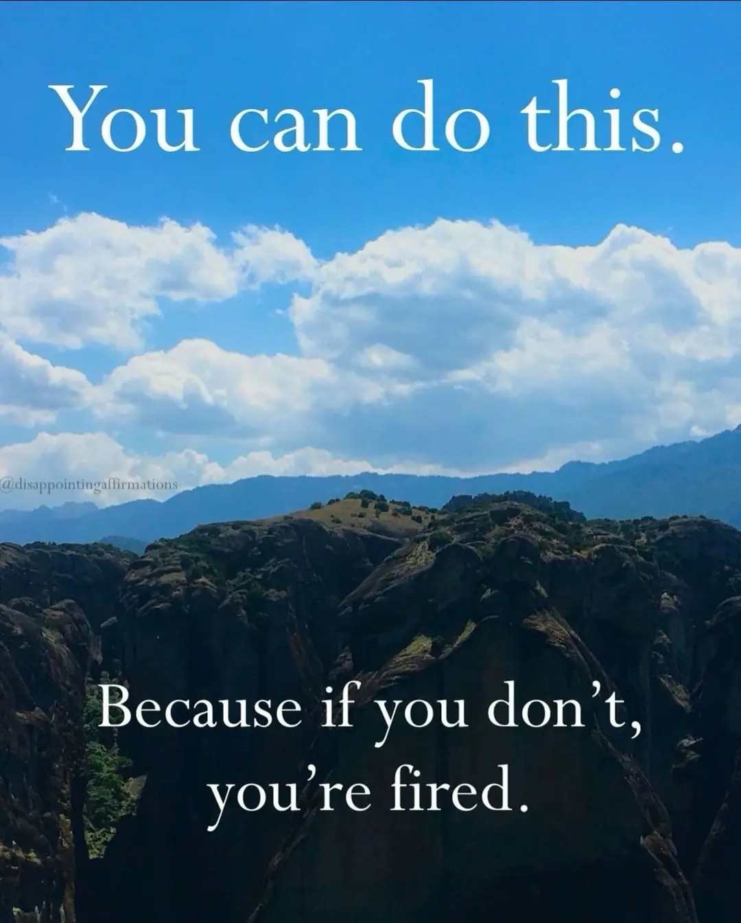 A scenic photo of a rocky mountain landscape under a bright blue sky with fluffy white clouds. White text overlaid at the…