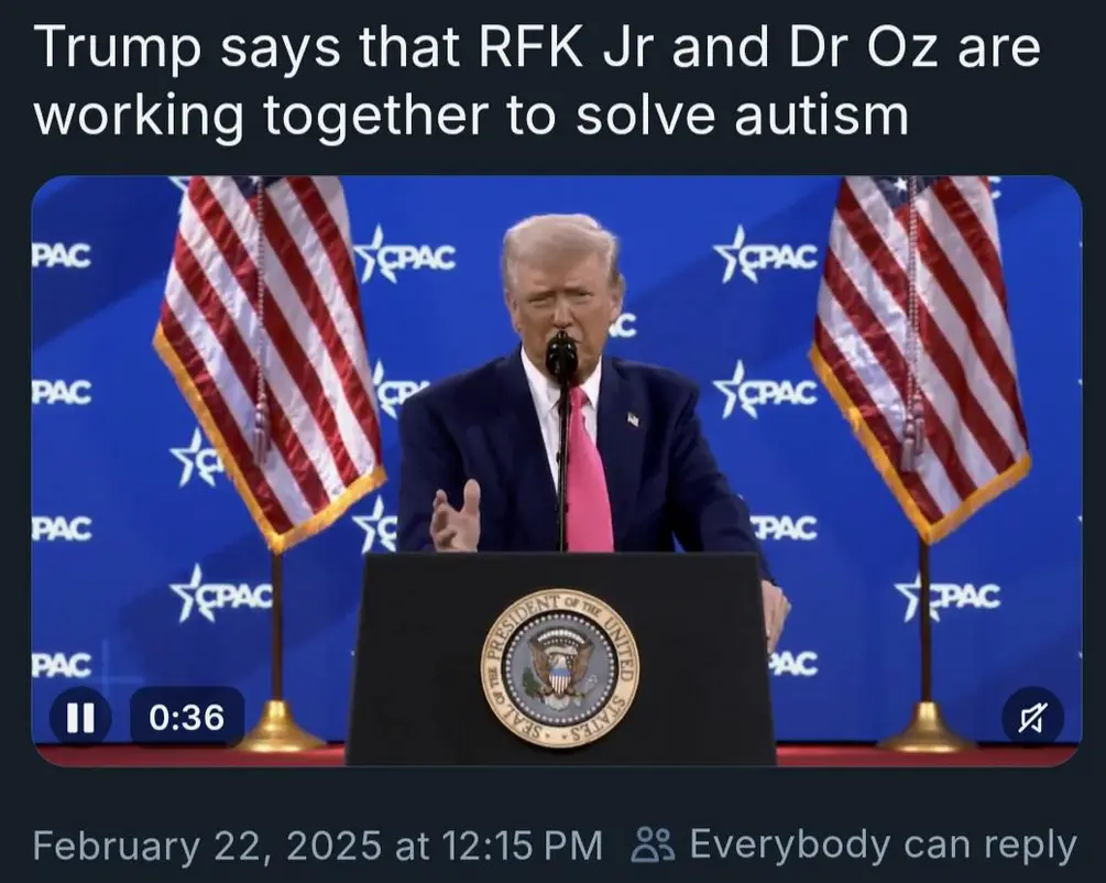 A screenshot of Donald Trump speaking at a podium with the presidential seal, flanked by two American flags, against a blue…