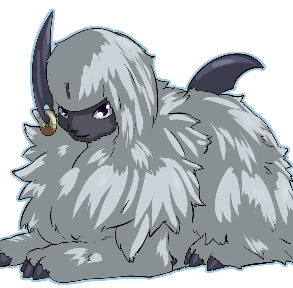 A fluffy, gray, cartoonish creature with horns, a small tail, and a demonic-looking face is lying down. It has purple eyes…