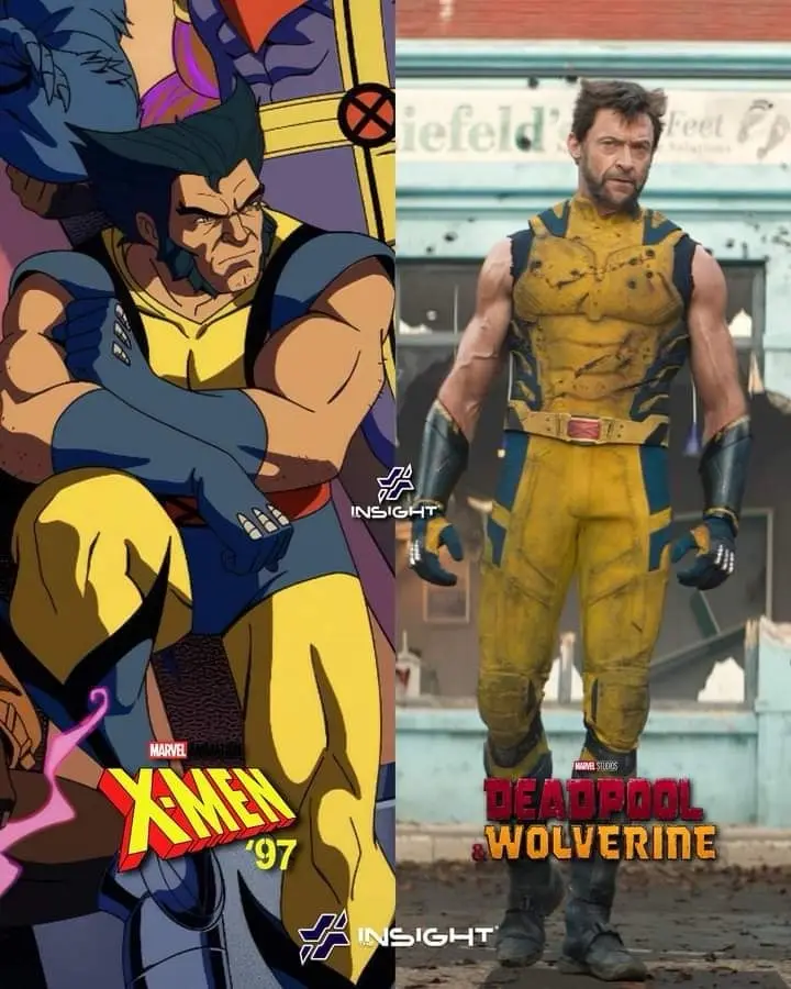 The image is a side-by-side comparison: on the left, the animated Wolverine from 'X-Men '97' with his classic yellow and…