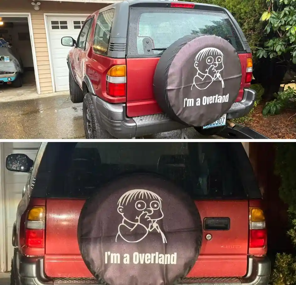 Two photos show the rear of a red SUV with a spare tire cover featuring a cartoon character with wide eyes and hands…