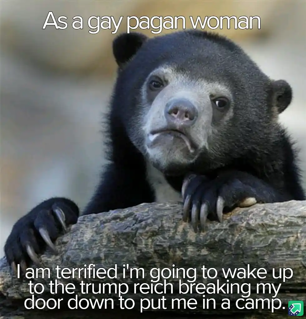 A close-up photo of a sad-looking spectacled bear resting its paws on a log, with white text overlaid at the top and bottom…