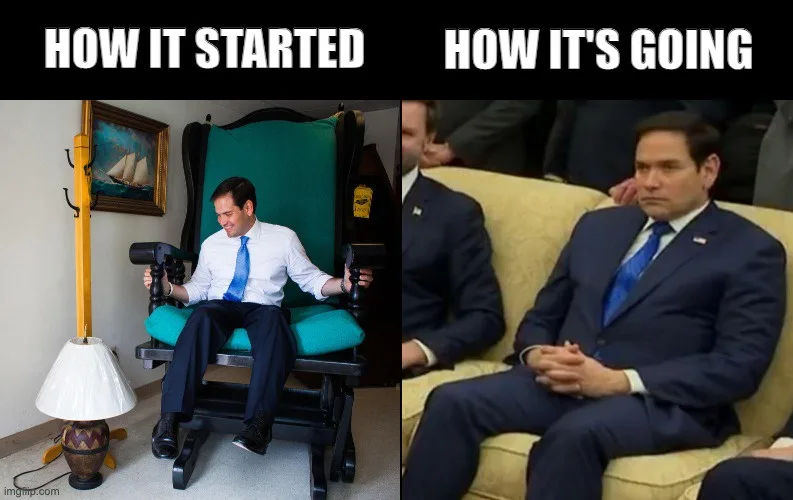 The image is split into two panels. Left: A man in a white shirt and blue tie sits happily in a large green rocking chair…