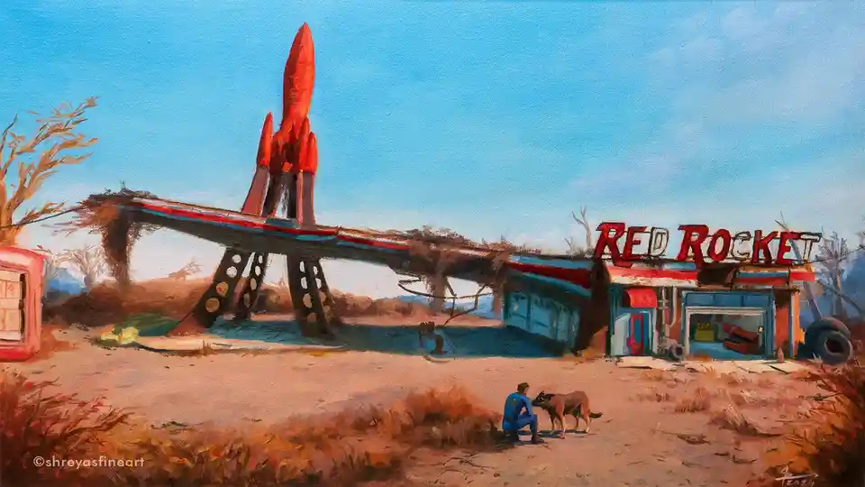 A painting depicts a dilapidated roadside gas station named 'RED ROCKET' with a giant red rocket sculpture perched…