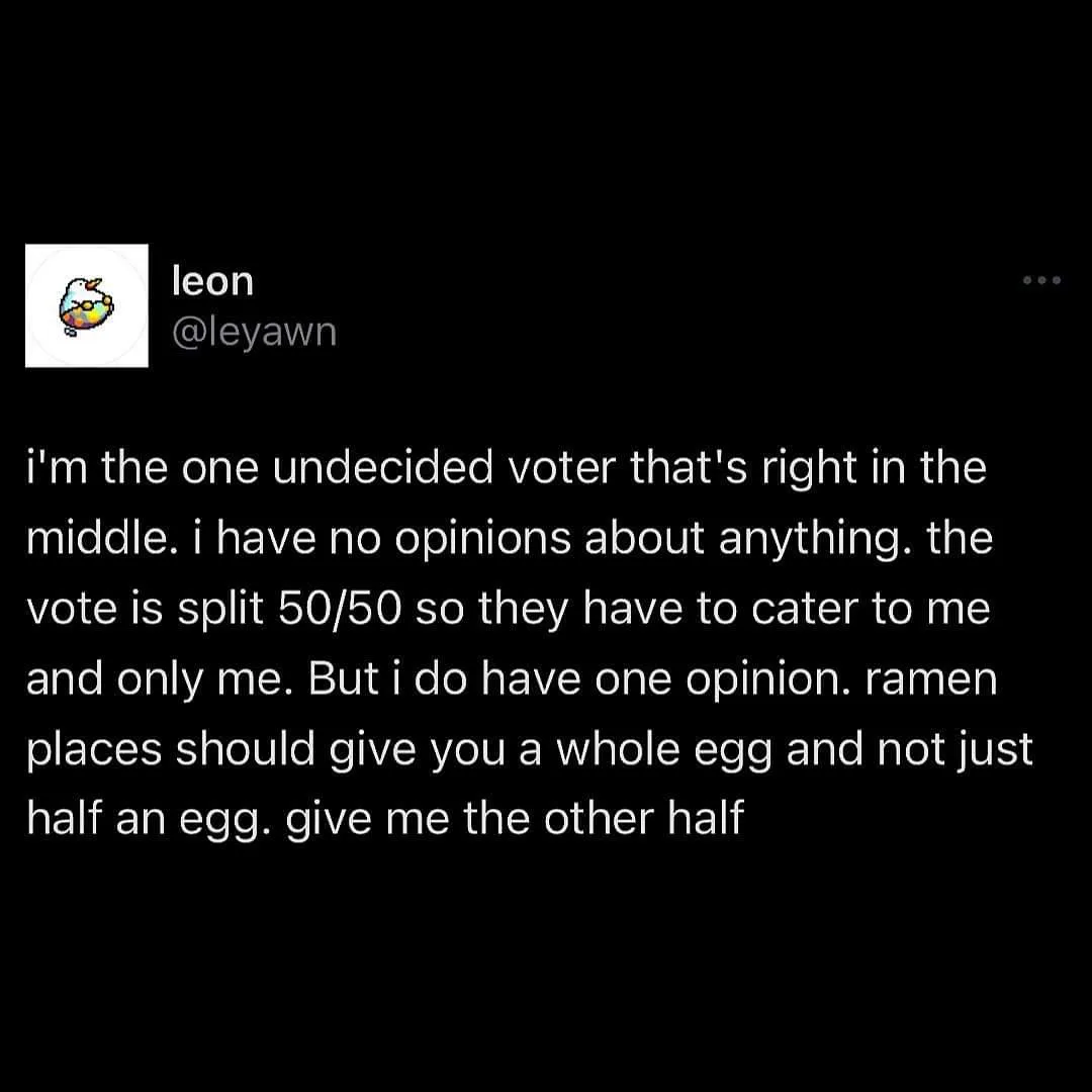 A screenshot of a tweet from user 'leon' (@leyawn) with a black background and white text. The tweet humorously claims to be…