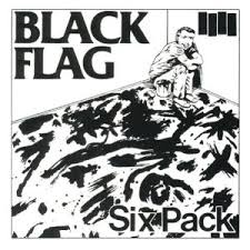 A black-and-white album cover for 'Six Pack' by the band Black Flag, featuring a person sitting atop a jagged, abstract…
