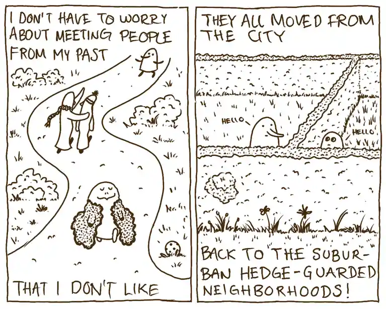 A two-panel comic strip with brown ink drawings. The left panel shows a person walking a path past a hedge, with text saying…