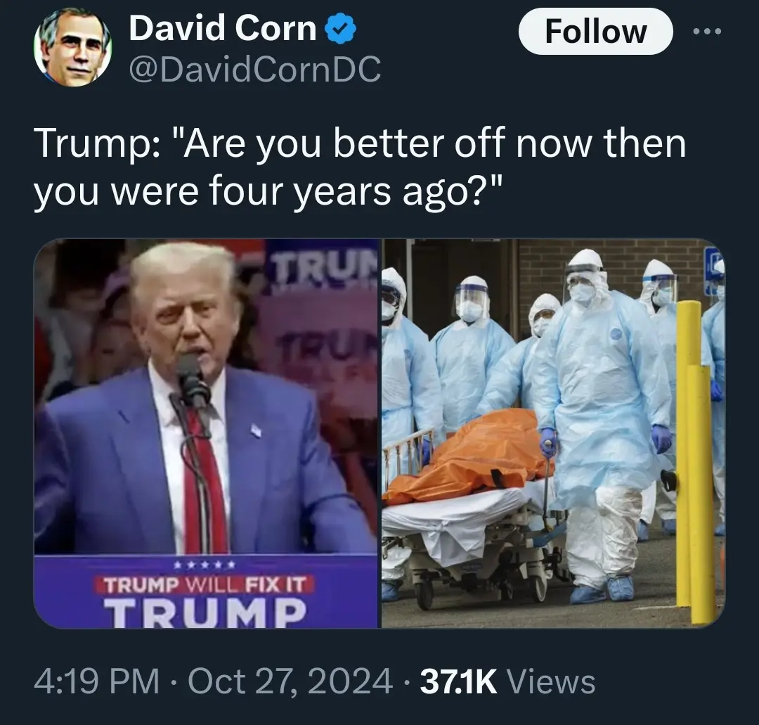 A split-screen image shows Donald Trump speaking at a podium with 'TRUMP WILL FIX IT' visible, juxtaposed with medical…